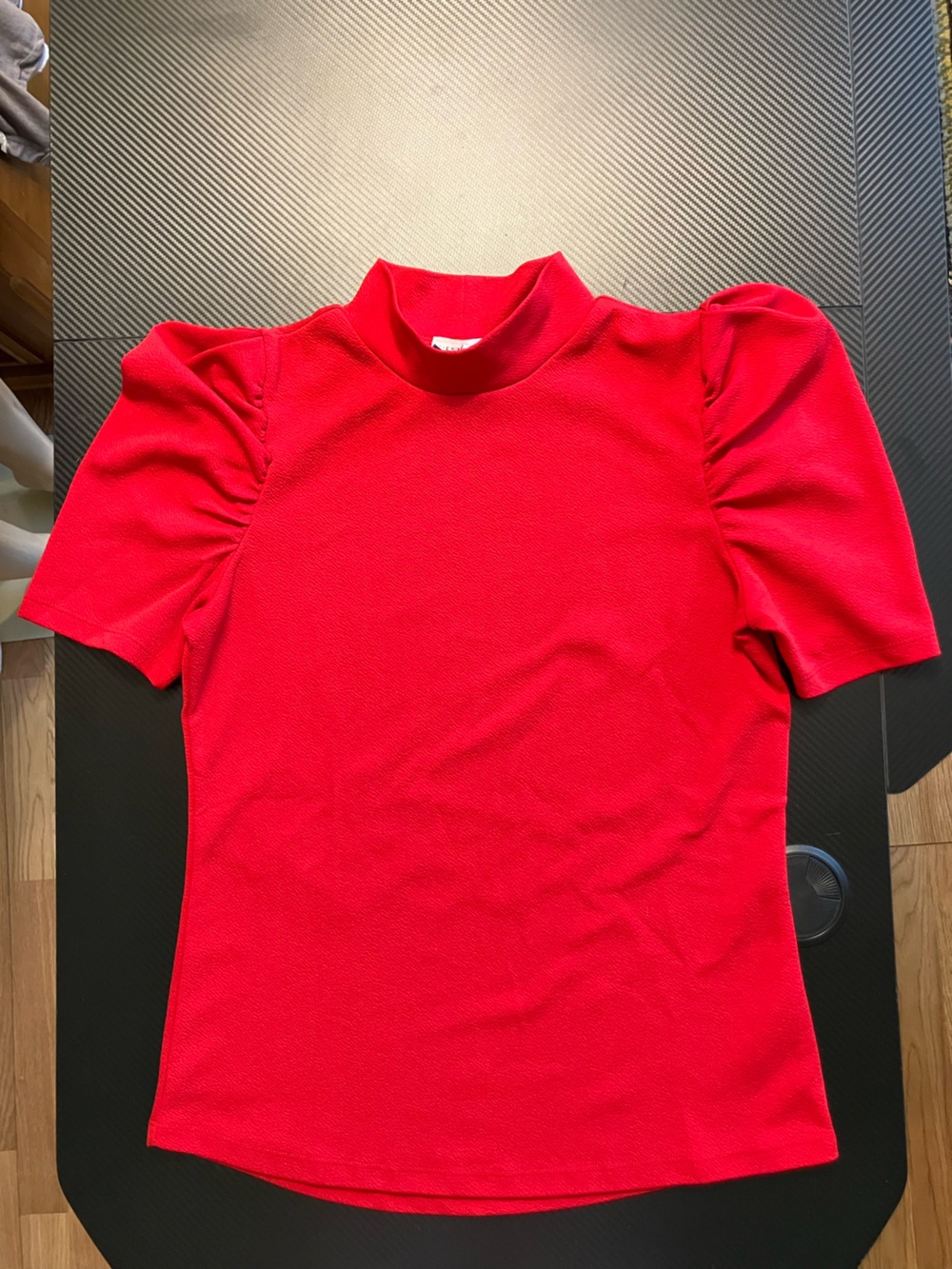 Mock Neck Red Puff Sleeve Short Sleeve Top
